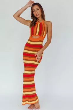 Indi Luxe French Riviera Halterneck Knit Maxi Dress Brown/Orange