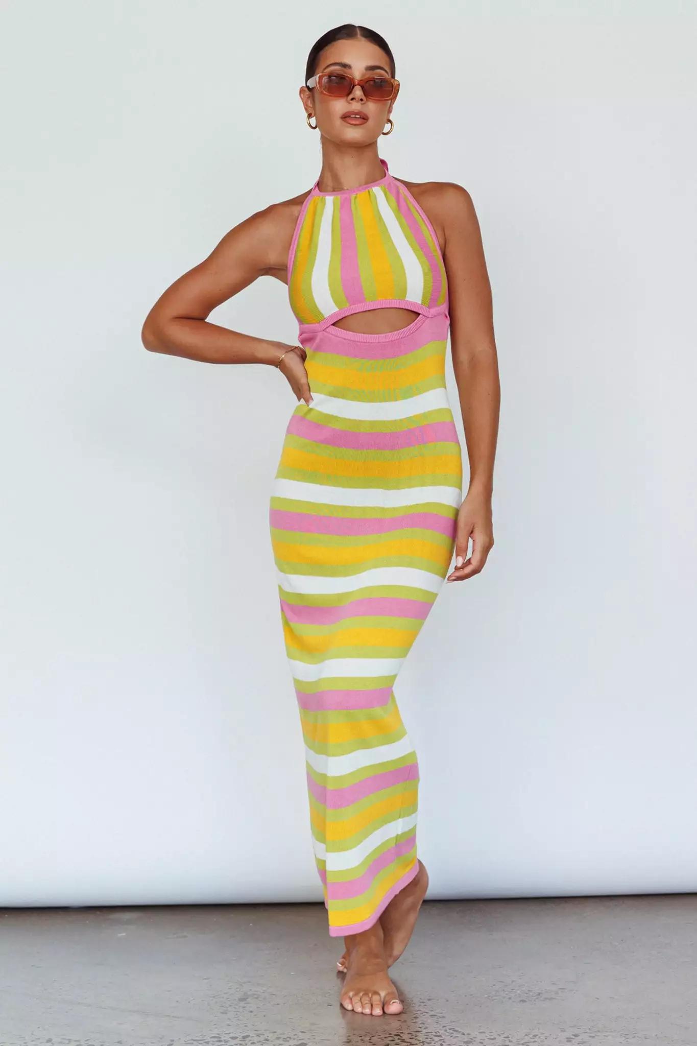 Indi Luxe French Riviera Halterneck Knit Maxi Dress Green/Purple - Image 3