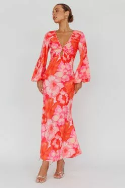 Here Comes The Sun Yessica Balloon Sleeve Midi Dress Floral Pink