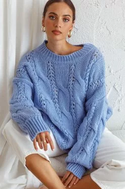 Selfie Leslie Nicola Long Sleeve Chunky Cable Knit Sweater Blue