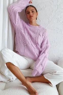 Selfie Leslie Nicola Long Sleeve Chunky Cable Knit Sweater Lilac