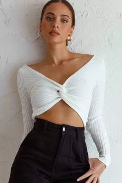 Selfie Leslie Dream Weaver Long Sleeve Twist Bust Crop Top White