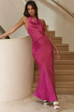 Selfie Leslie India Cowl Halterneck Satin Maxi Dress Fuchsia