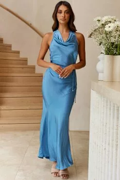 Selfie Leslie India Cowl Halterneck Satin Maxi Dress Midnight Blue