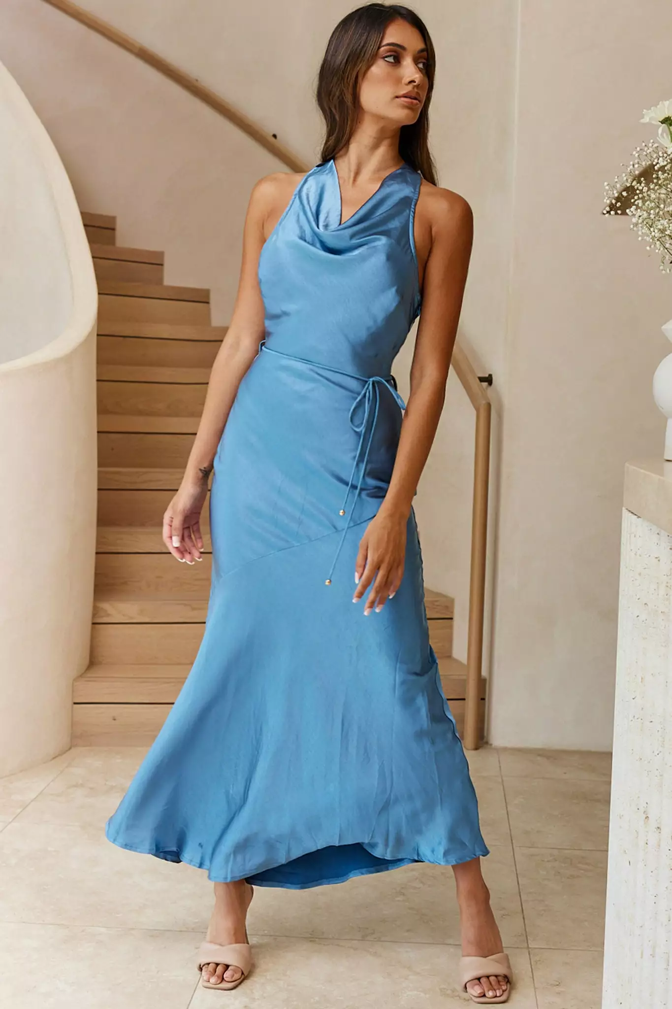 Selfie Leslie India Cowl Halterneck Satin Maxi Dress Midnight Blue - Image 5