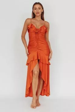 Mika&Gala Rosalia Ruched Ruffle Maxi Dress Chocolate