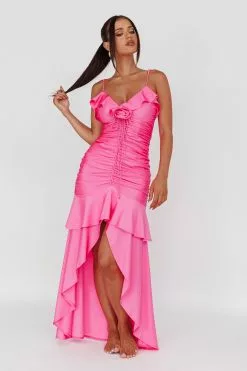 Mika&Gala Rosalia Ruched Ruffle Maxi Dress Fuchsia