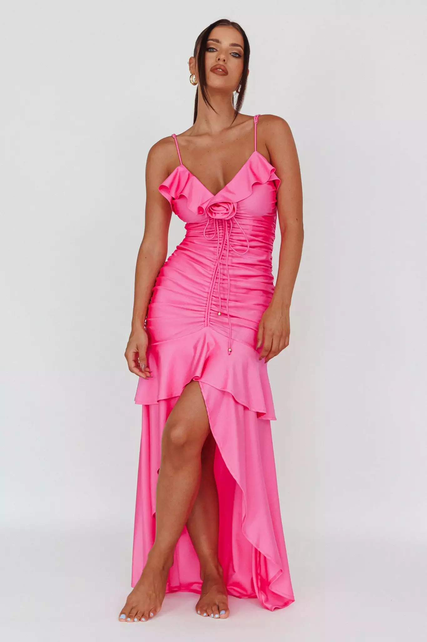 Mika&Gala Rosalia Ruched Ruffle Maxi Dress Fuchsia - Image 3