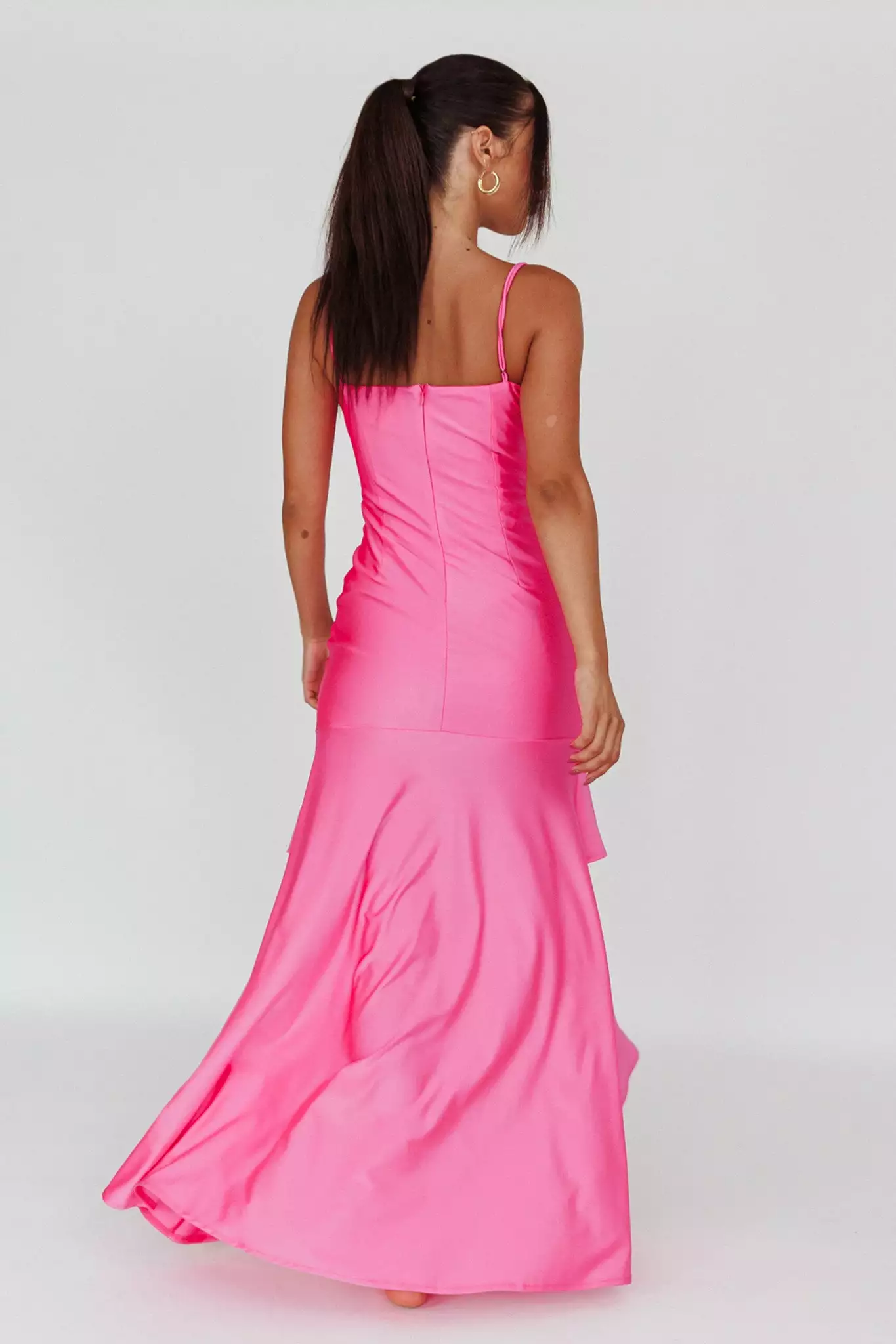 Mika&Gala Rosalia Ruched Ruffle Maxi Dress Fuchsia - Image 2