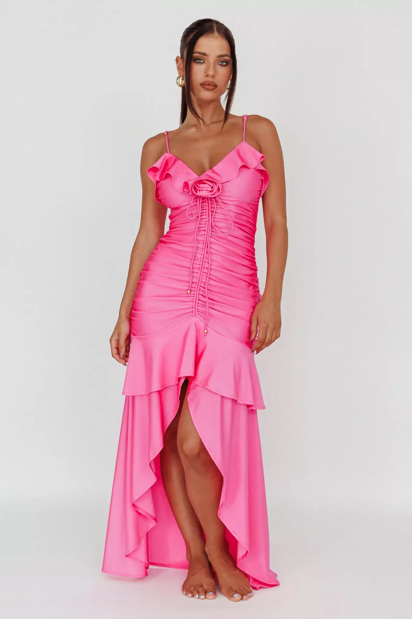 Mika&Gala Rosalia Ruched Ruffle Maxi Dress Fuchsia - Image 4