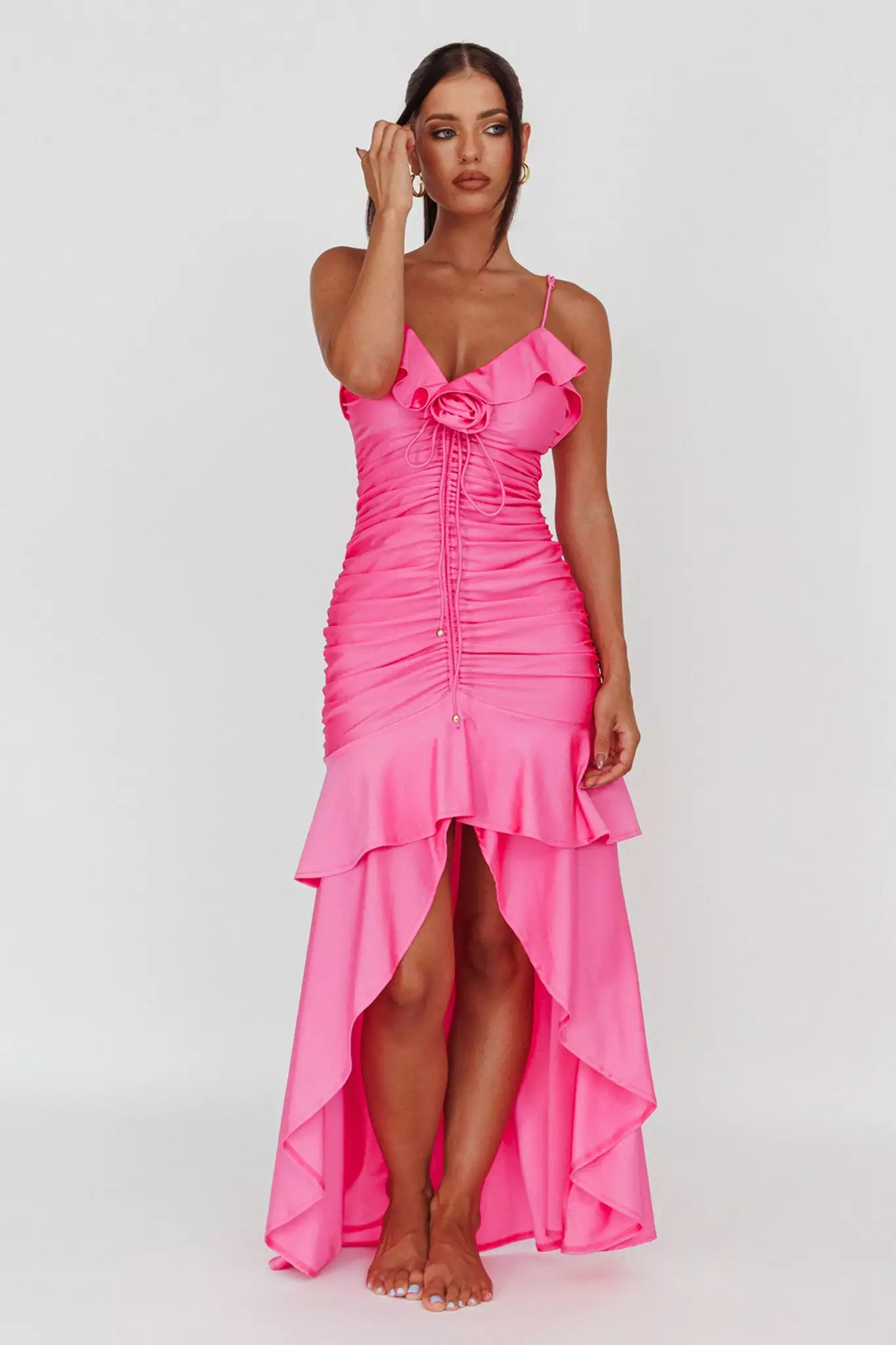 Mika&Gala Rosalia Ruched Ruffle Maxi Dress Fuchsia - Image 6