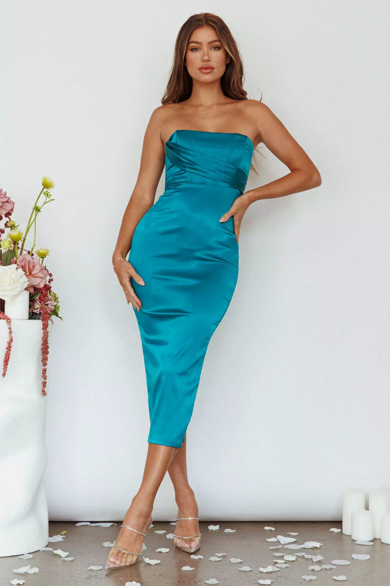Saints + Secrets Still Mine Strapless Midi Dress Green