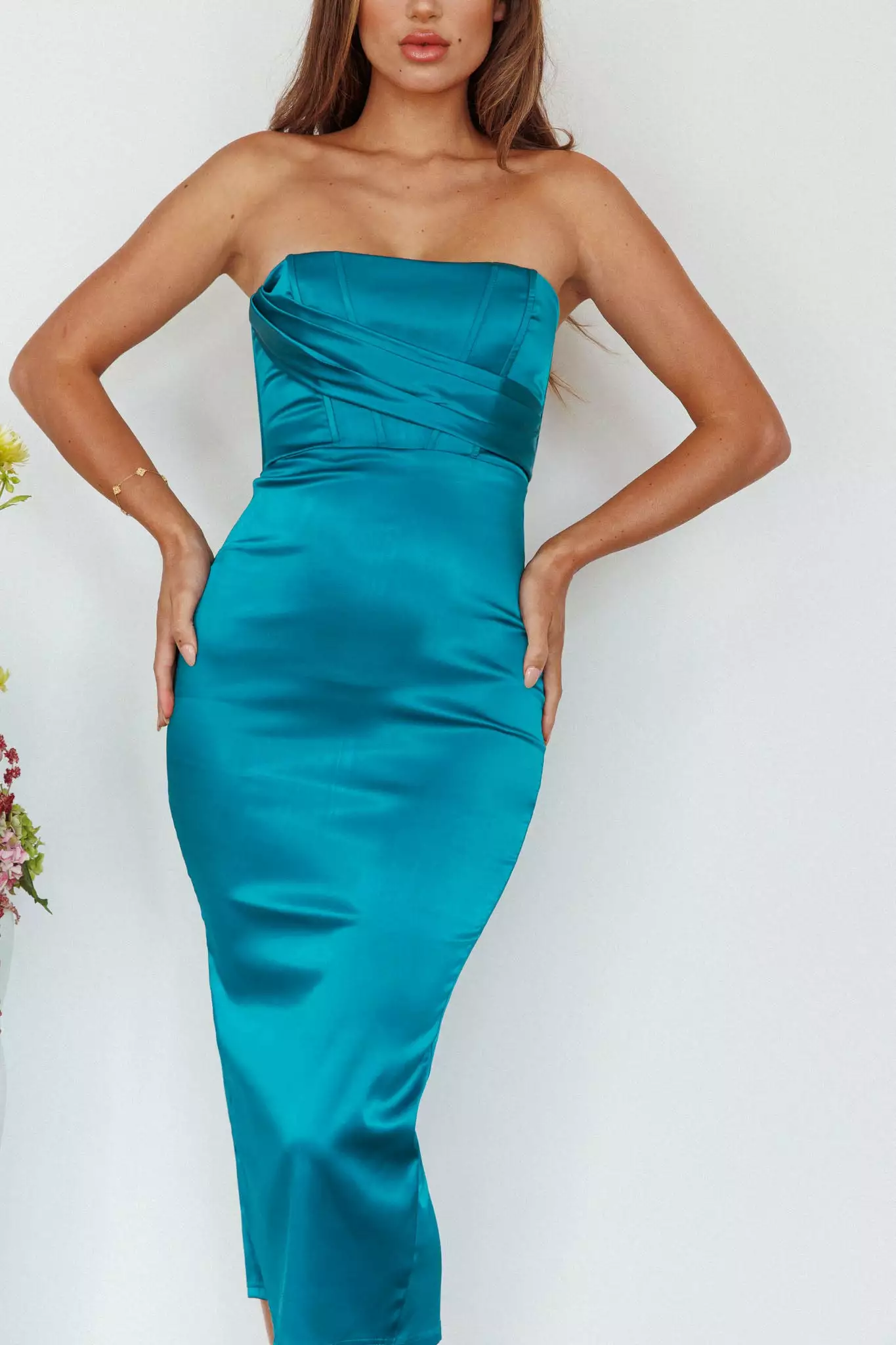 Saints + Secrets Still Mine Strapless Midi Dress Green - Image 4