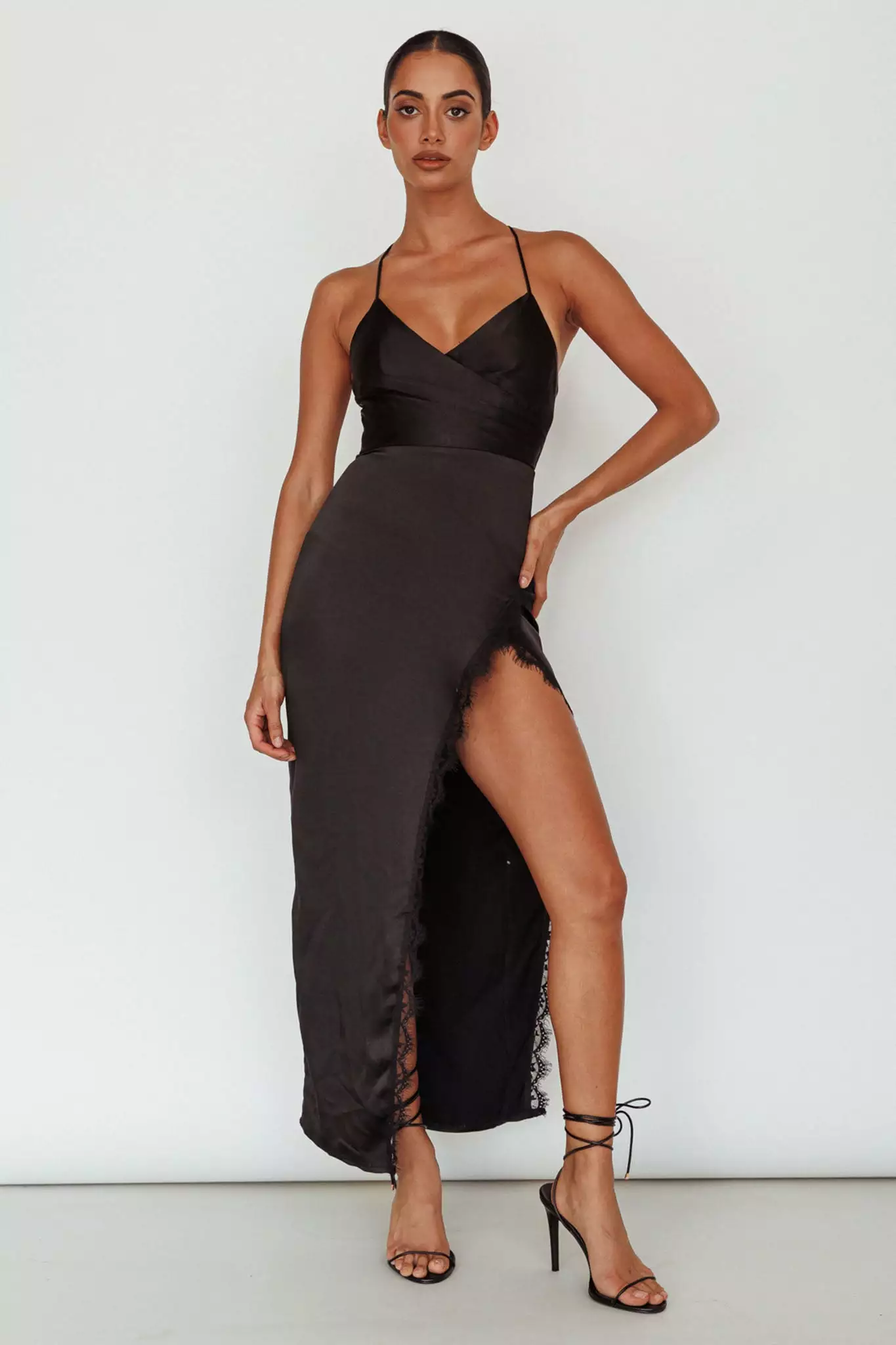 Saints + Secrets Winter Moon Lace Trim Midi Dress Black - Image 3