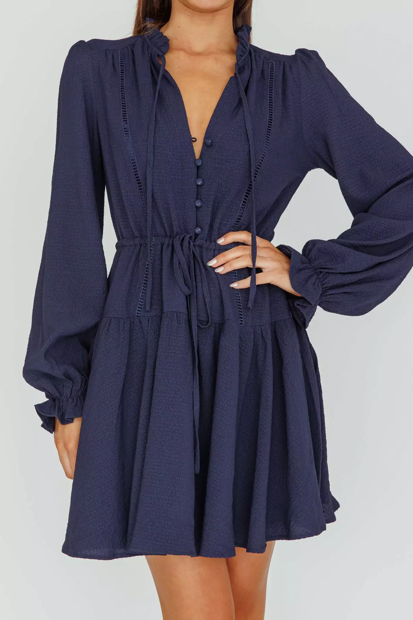 INDIKAH Waverly Long Sleeve Mini Dress Navy - Image 4