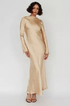 Here Comes The Sun Lavera Open Back Long Sleeve Dress Beige