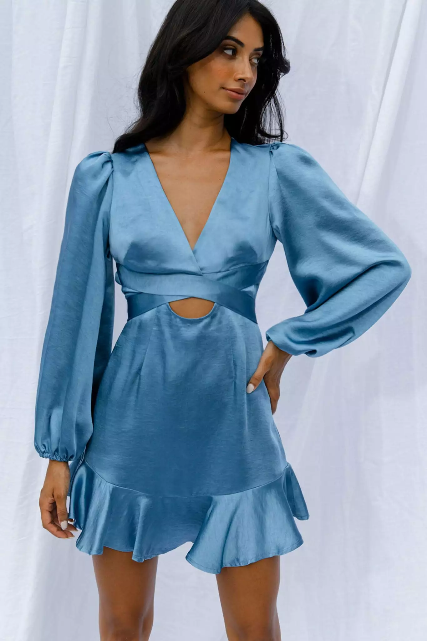 Selfie Leslie Playa Vista Long Sleeve Frill Hem Dress Blue - Image 4