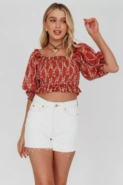 Here Comes The Sun Meet Cute Shirred Bust Off-Shoulder Crop Top Floral Beige