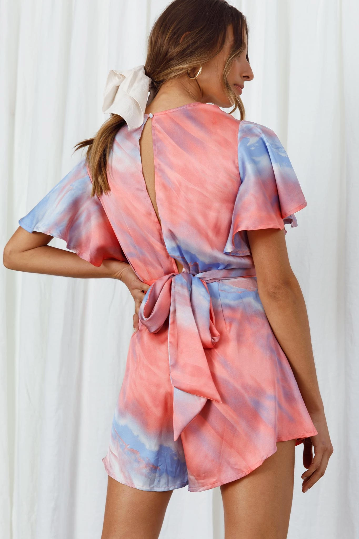 Unconditional Plunging Wrap Style Romper Marbled Tie Dye Red/Purple - Image 2