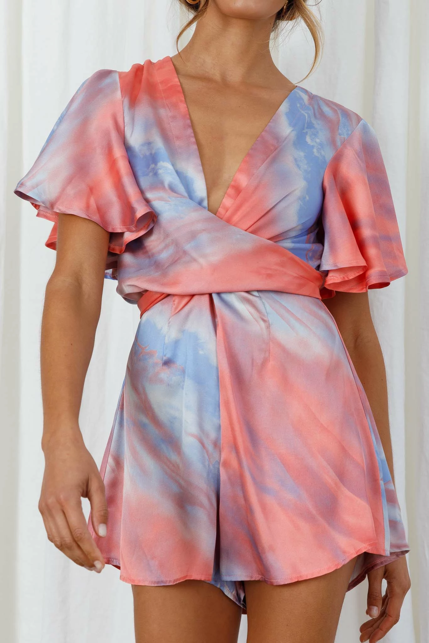 Unconditional Plunging Wrap Style Romper Marbled Tie Dye Red/Purple - Image 4