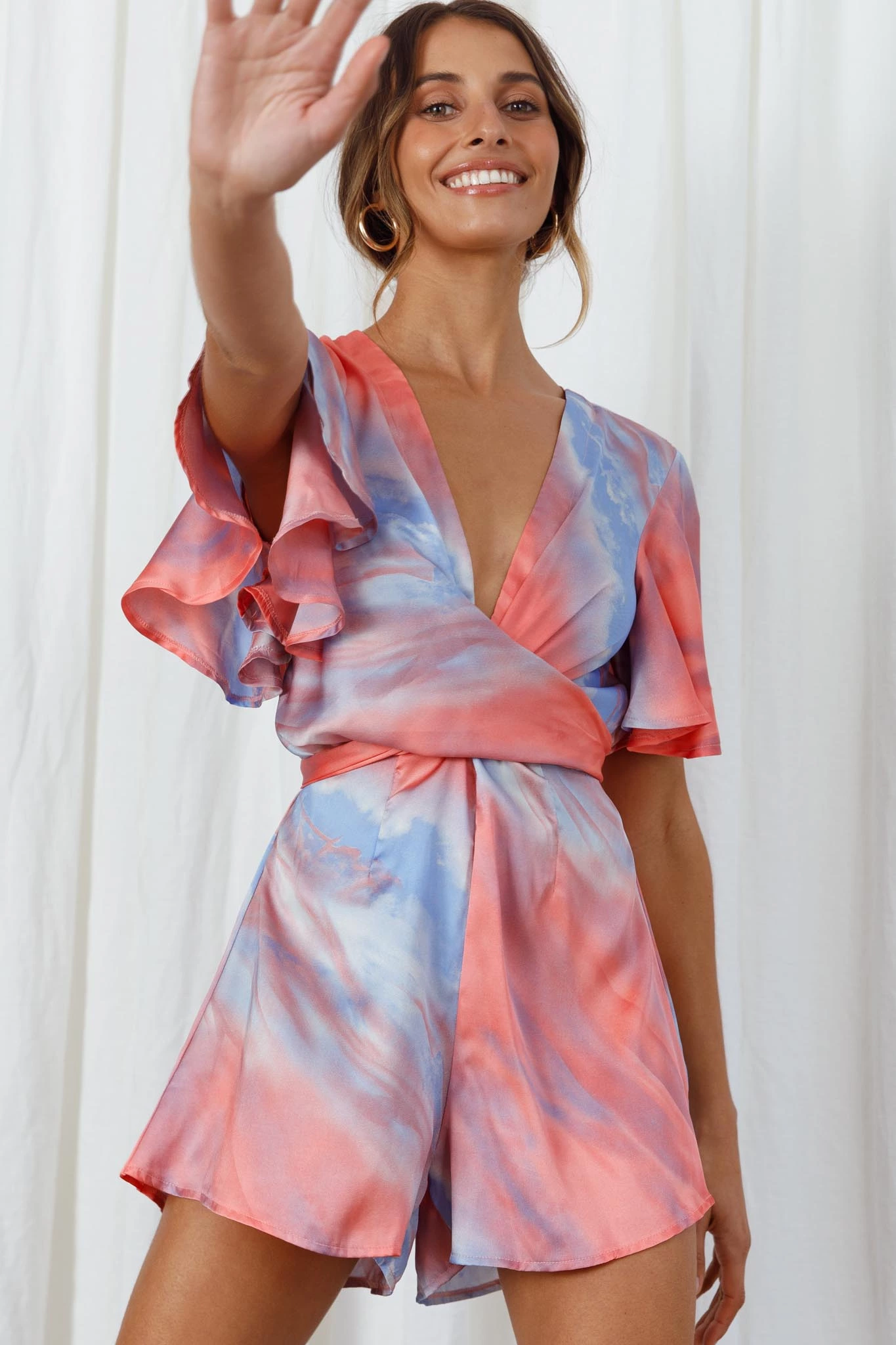 Unconditional Plunging Wrap Style Romper Marbled Tie Dye Red/Purple - Image 5