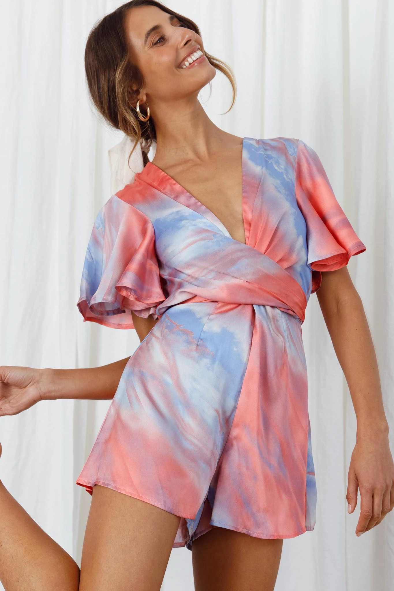 Unconditional Plunging Wrap Style Romper Marbled Tie Dye Red/Purple - Image 6