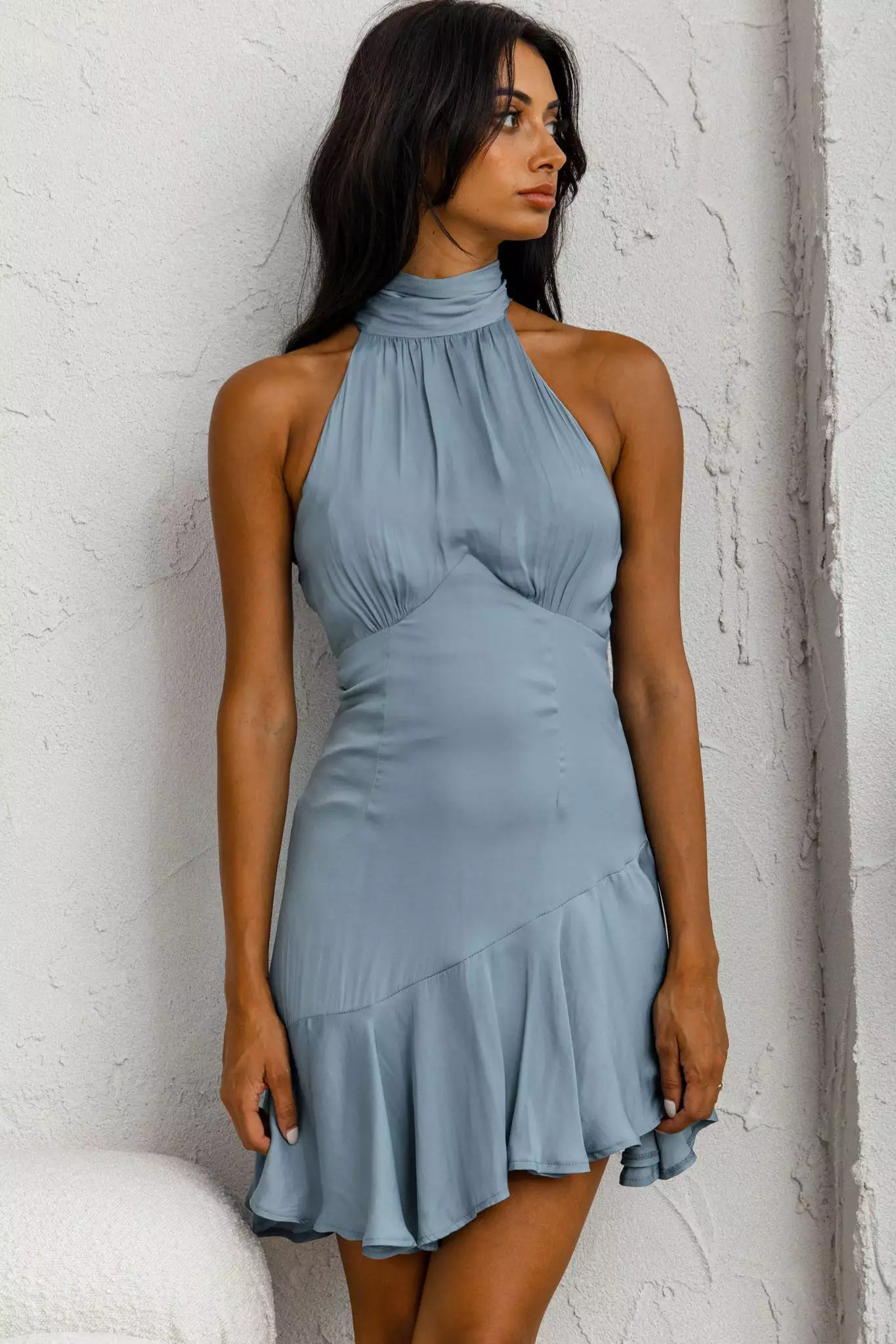 Selfie Leslie Promises Halterneck Fluted Hem Dress Forest Blue - Image 3