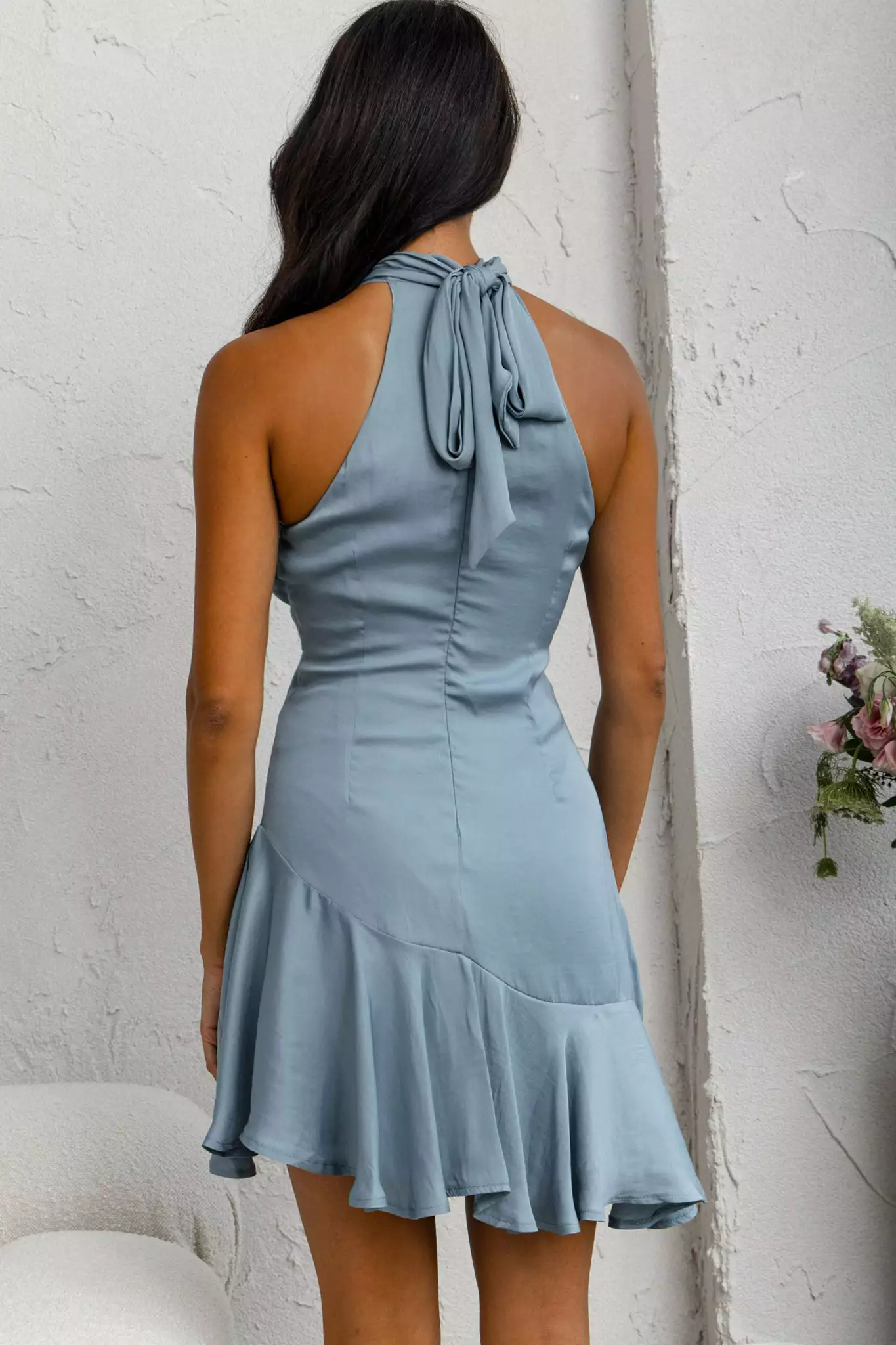 Selfie Leslie Promises Halterneck Fluted Hem Dress Forest Blue - Image 6