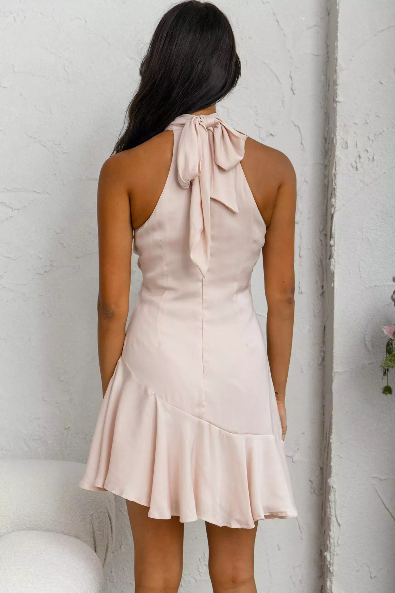 Selfie Leslie Promises Halterneck Fluted Hem Dress Nude - Image 8