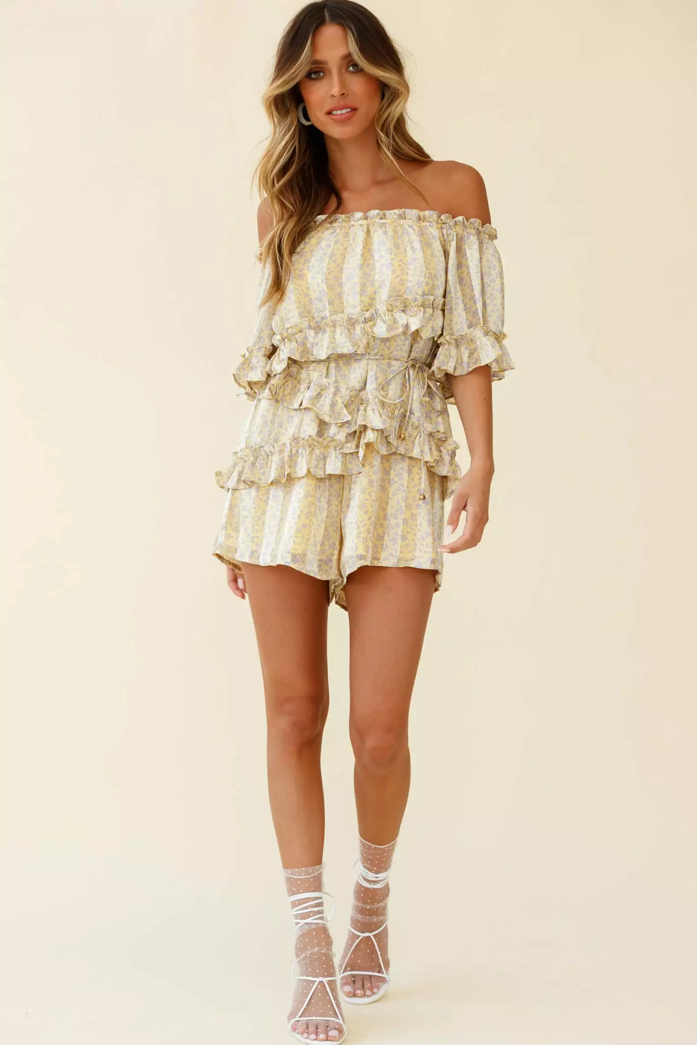 Astoria Bardot Neckline Frill Romper Floral & Stripe Print Yellow - Image 2