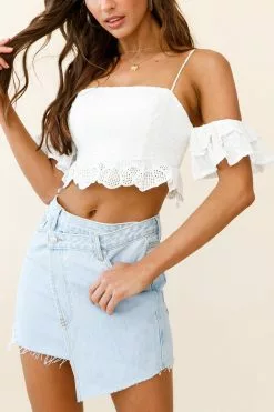 Selfie Leslie Wayside String Tie Strap Lace Trim Crop Top White