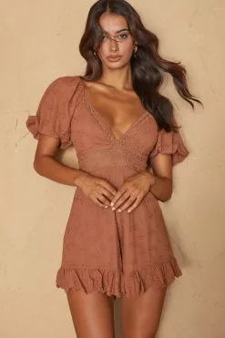 Selfie Leslie Desert Rose Puff Sleeve Frill Eyelet Romper Rust