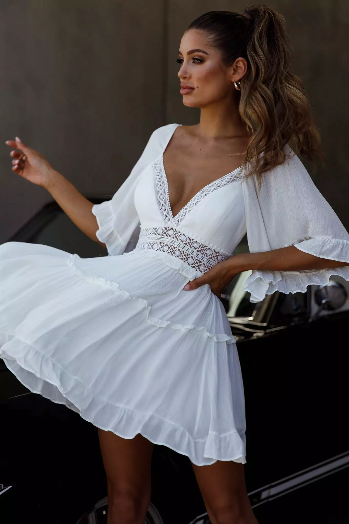 Selfie Leslie Desert Rose Bell Sleeve Mini Dress White - Image 7