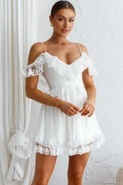Selfie Leslie Good Morning Sunshine Off Shoulder Lace Frill Trim Mini Dress White