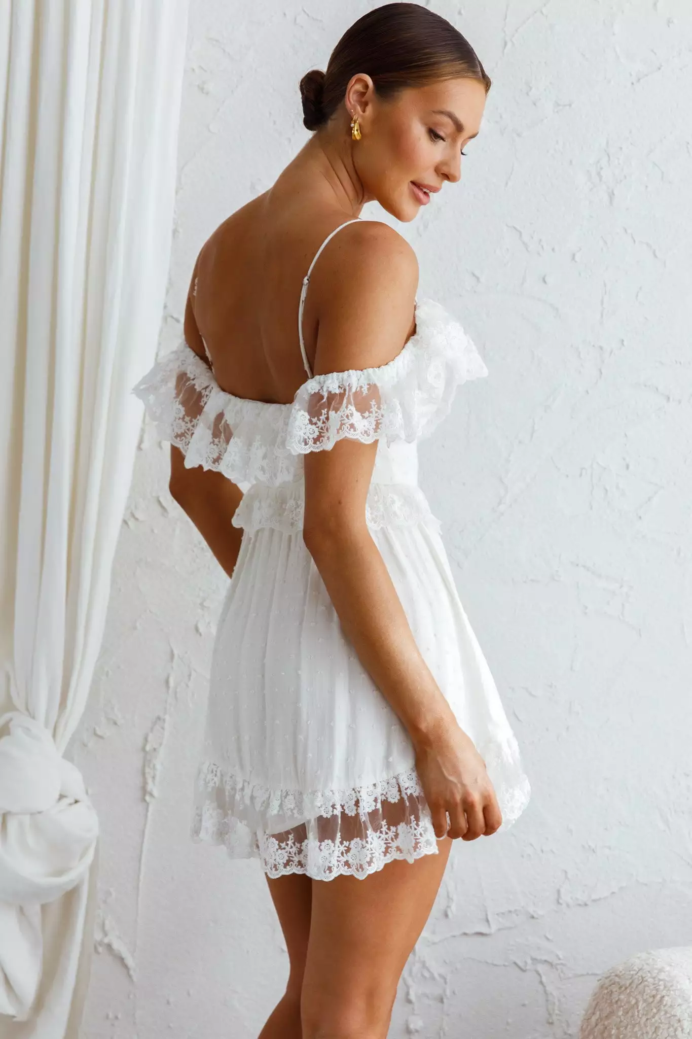 Selfie Leslie Good Morning Sunshine Off Shoulder Lace Frill Trim Mini Dress White - Image 2