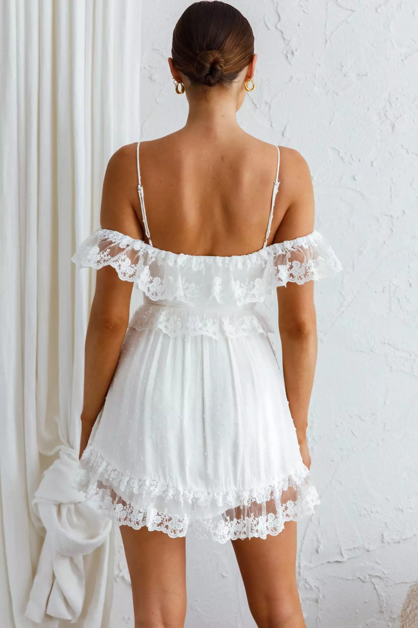 Selfie Leslie Good Morning Sunshine Off Shoulder Lace Frill Trim Mini Dress White - Image 8