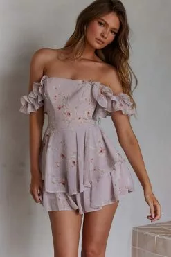 Selfie Leslie Verona Off-Shoulder Romper Floral Print Pink