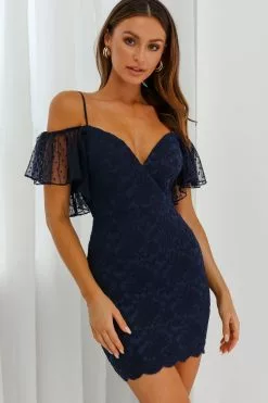 Selfie Leslie Maribel Hail Spot Sleeve Lace-Up Back Lace Mini Dress Navy