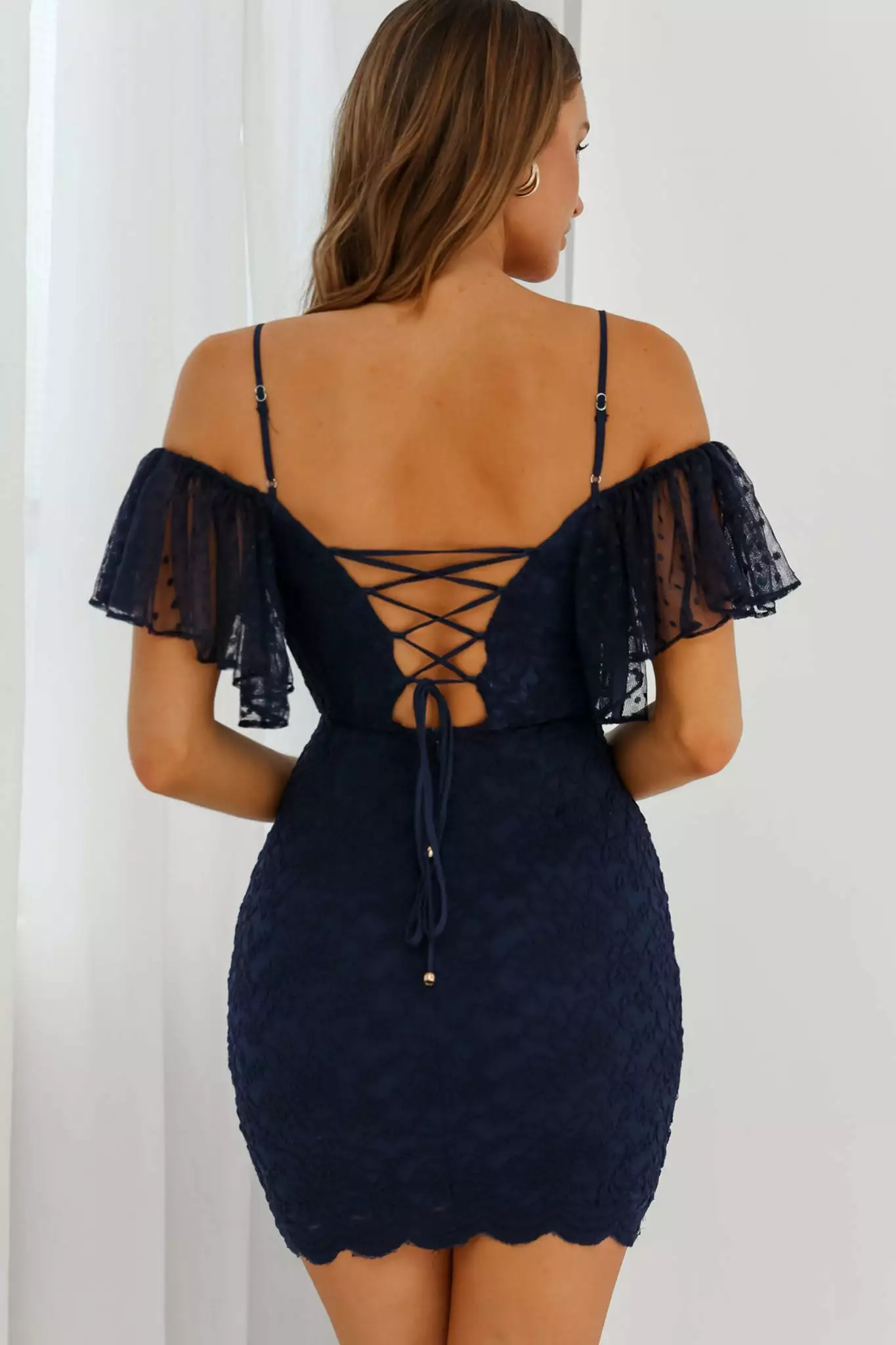 Selfie Leslie Maribel Hail Spot Sleeve Lace-Up Back Lace Mini Dress Navy - Image 2