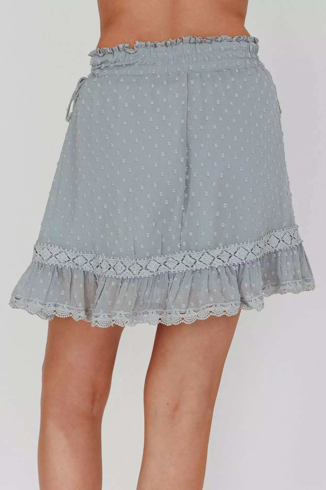 INDIKAH Louella Elasticated Waist Lace Trim Skirt Sage - Image 2