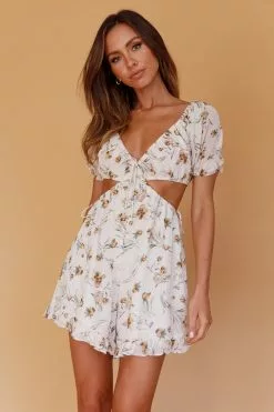 Saints + Secrets Fancy Free Cut-Out Waist Romper Floral Beige
