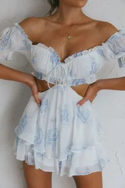 Selfie Leslie Fancy Free String Tie Cut-Out Waist Romper Floral Blue