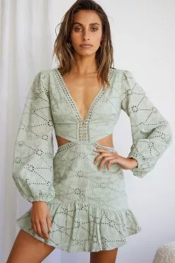 Selfie Leslie Santorini Sunset Balloon Sleeve Cut-Out Eyelet Dress Sage