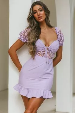 Selfie Leslie Field Dreams Puff Sleeve Tie-Up Bodice Floral Embroidery Mini Dress Lilac