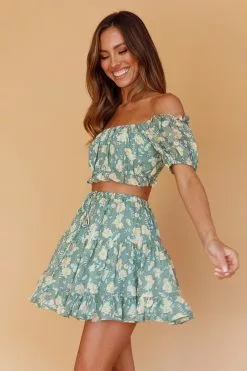 INDIKAH Archana Puff Sleeve Crop Top Floral Green