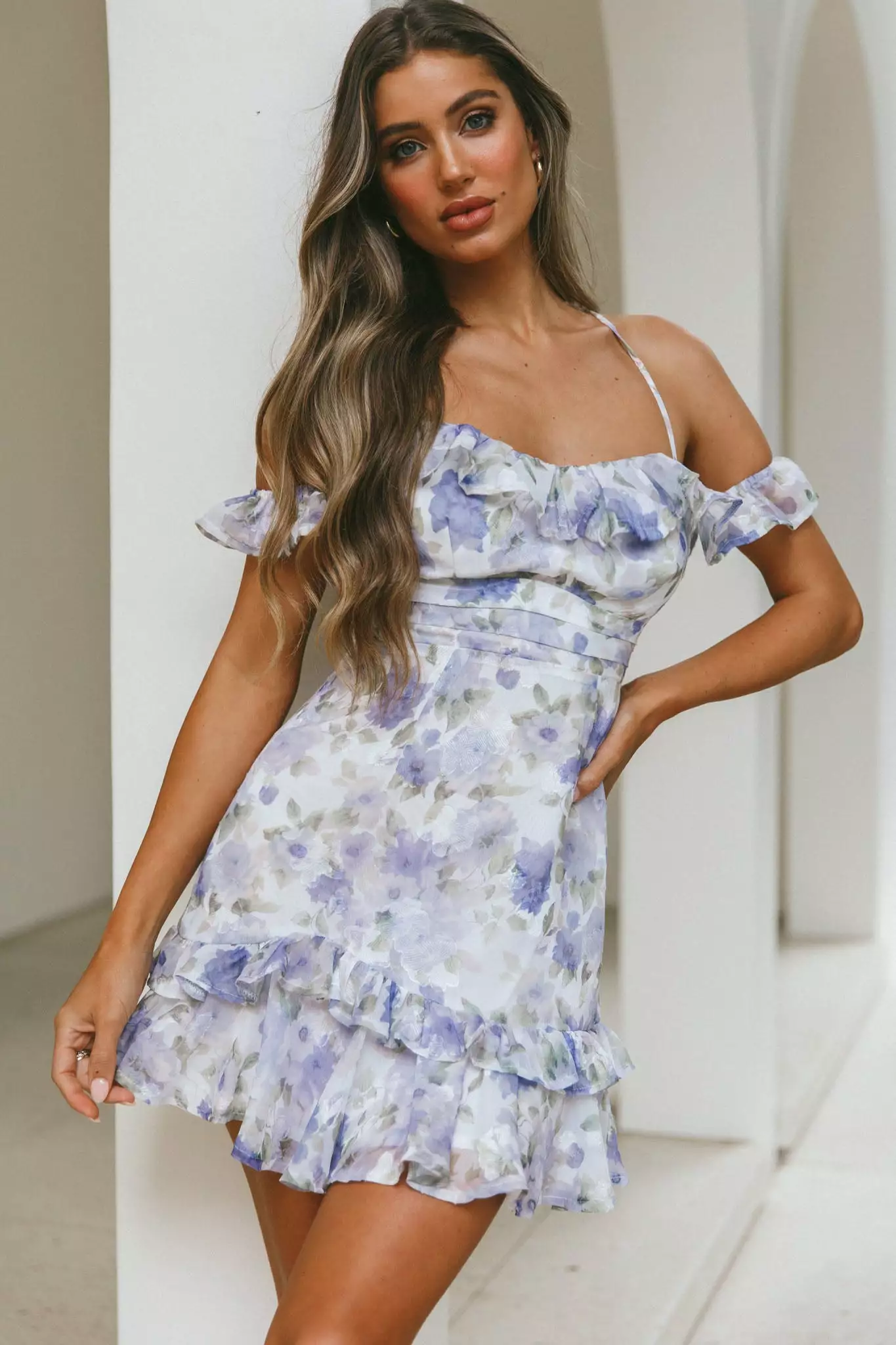 Selfie Leslie Matilda Frill Trim Off-Shoulder Mini Dress Floral Print Blue - Image 4