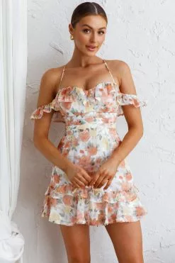 Selfie Leslie Matilda Frill Trim Off-Shoulder Mini Dress Floral Print Orange
