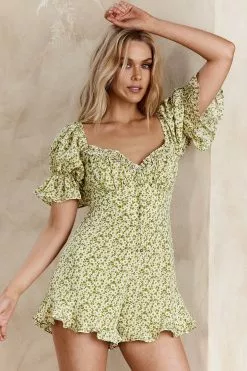 Mika&Gala Keep Dreaming Puff Sleeve Frill Romper Floral Green