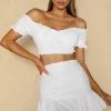 Selfie Leslie Rise And Shine Shirred Bodice Tied Back Crop Top White
