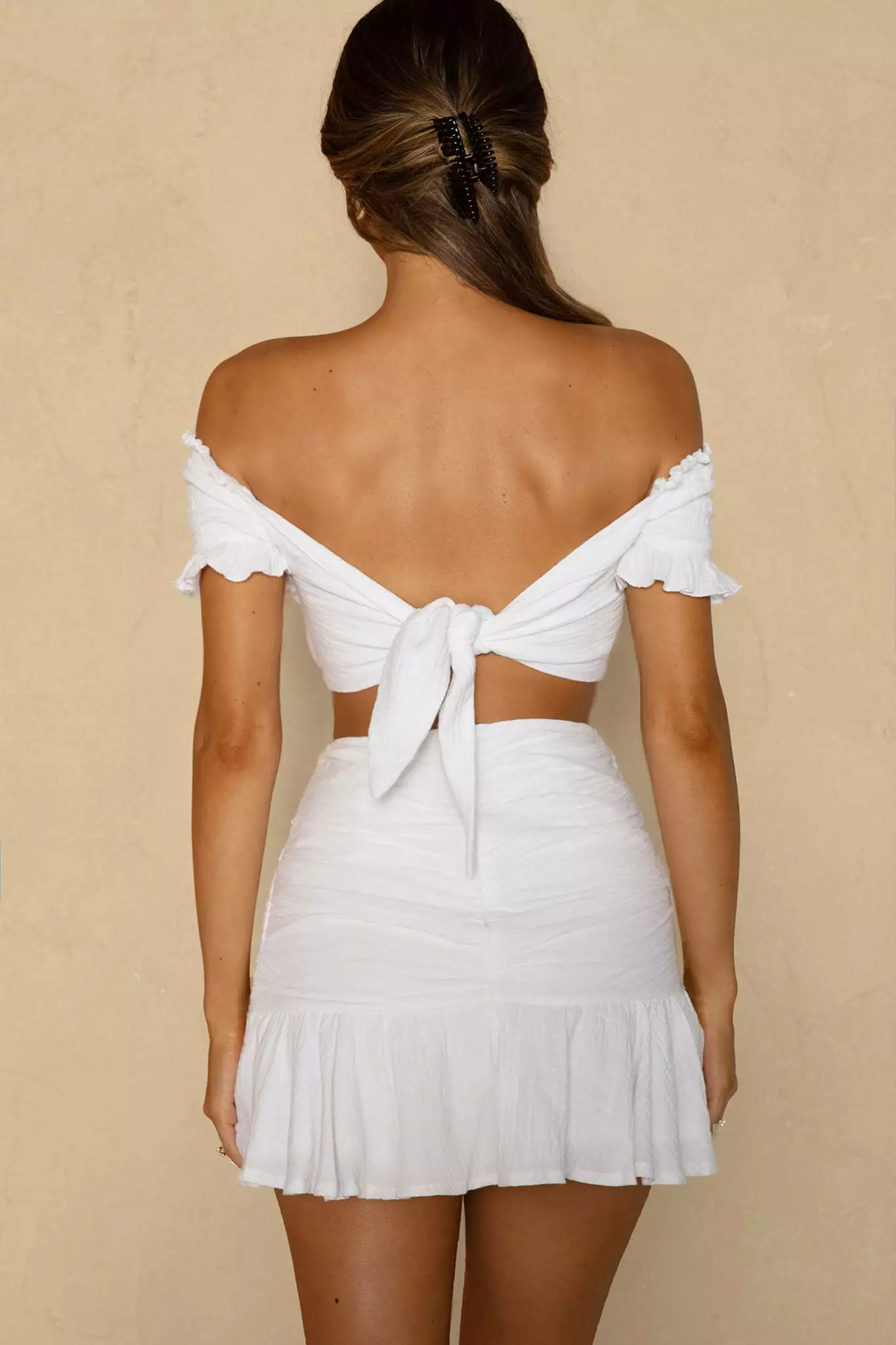 Selfie Leslie Rise And Shine Shirred Bodice Tied Back Crop Top White - Image 3